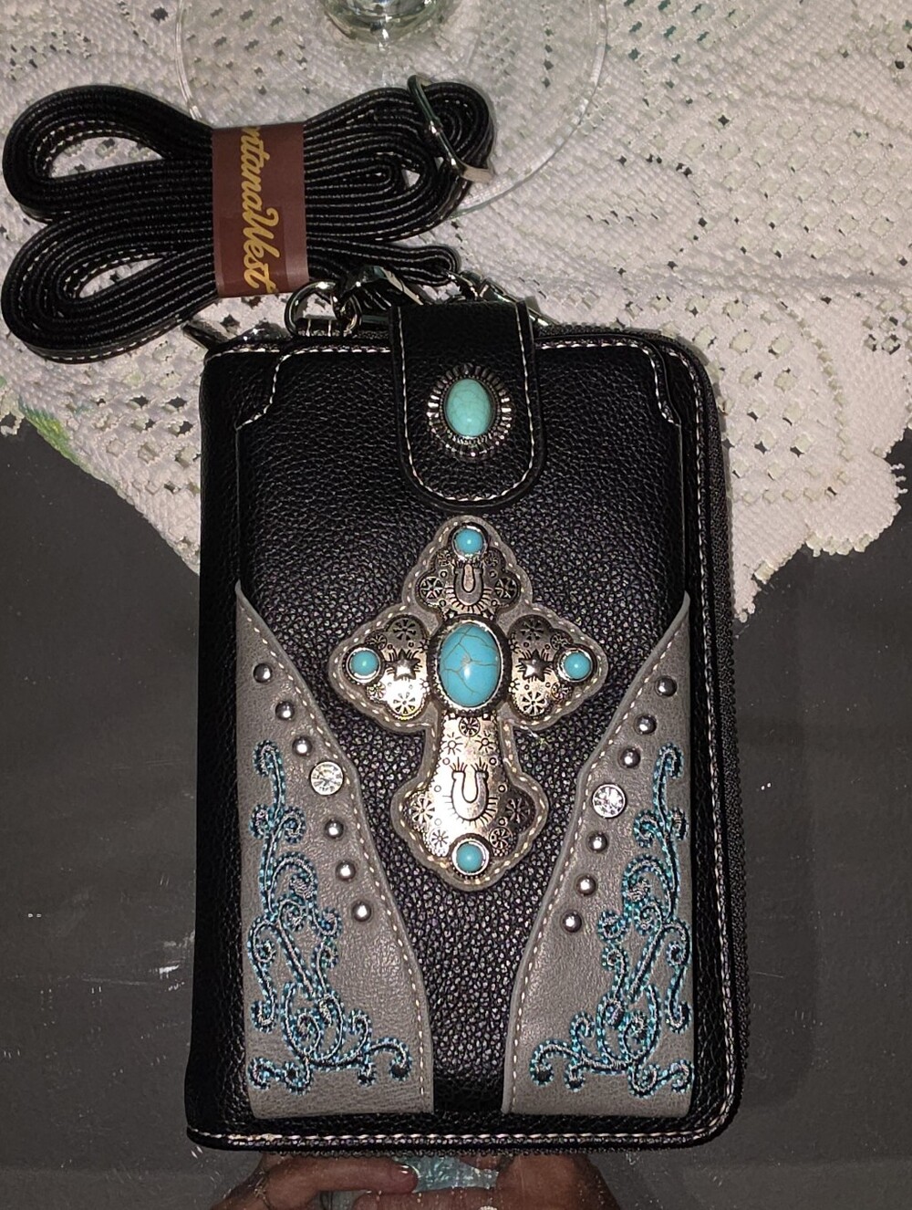 Montana West Black Phone Wallet Case with Turquoise Cross Accent And Crossbody